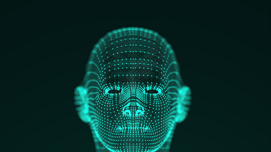 头部线条许多点和细线形成了黑色背景下人或机器人头部的明亮未来主义形状 计算机生成的 3d 渲染网络宏观头脑原子积分绿色电脑科学网格线程背景