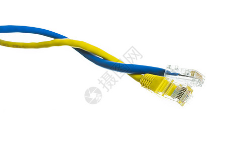 RJ45隔离网线宏观电话插头双胞胎金属蓝色数据黄色安全互联网图片