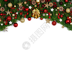 树枝的圣诞框架角落松树玩具边界假期金子星星装饰丝带雪花图片