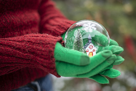 水晶圣诞舞会 里面有房子和雪白色魔法灯泡雪花礼物假期圆顶玻璃松树季节图片