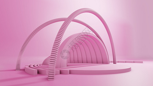 3D 渲染抽象几何背景积木玫瑰商业产品店铺展示架圆柱网格3d房间图片