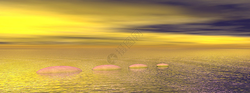 海洋上美丽的冥想景观  3d 渲染卵石治疗温泉岩石平衡头脑石头插图日落图片