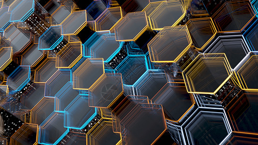 纳米汗蒸六角形抽象玻璃背景  3D插画酒吧科学艺术插图蓝色化学品渲染技术3d实验室背景