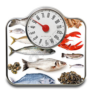 白背景新鲜鱼的食量缩放图营养控制乐器象限测量美食权重食物浴室秤肥胖图片