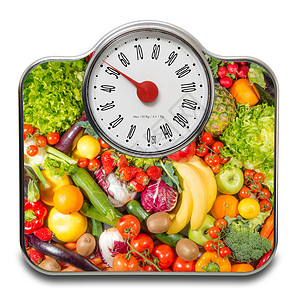 白种水果和蔬菜种植者比例表白人背景乐器食物控制浴室秤权重概念营养重量肥胖减肥图片