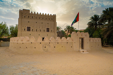 阿拉伯联合酋长国阿布扎比酋长国利瓦绿洲沙漠城堡历史堡垒地形日落防御活动绿洲建筑学太阳沙丘图片