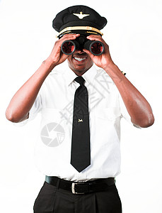 驾驶员通过望远镜查看领带力量旅行条纹黑色飞行员衬衫飞行管理人员男人图片