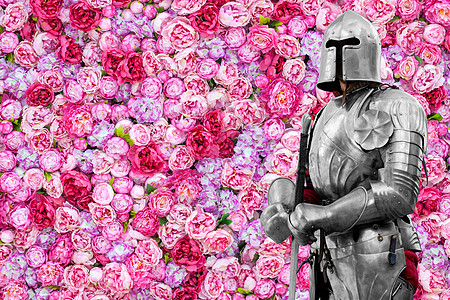 花卉背景 美丽的粉红色牡丹 身穿盔甲的中世纪骑士 浪漫骑士图片饱和色花束粉色绘画创造力手工业植物群植物红色女性化图片