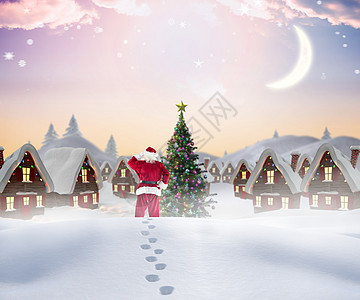 圣诞老人在雪中行走的复合图像脚印下雪天气假期房子计算机雪花男性喜庆月亮图片