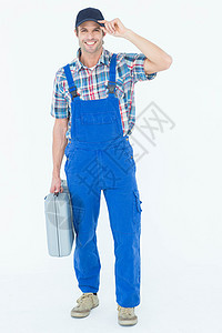 自信的水管工携带工具箱幸福男性技术员管道男人体力劳动服务工作修理工职业图片