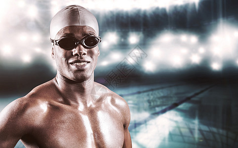 游泳者的复合图像 用手站在臀部泳帽游泳池力量铁人训练活动运动膀子潜水蓝色图片