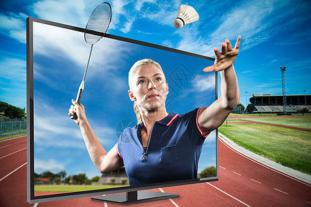 羽毛球运动员打羽毛球的合成图像屏幕计算机运动电视游戏跳远播放器蓝天绘图专注图片