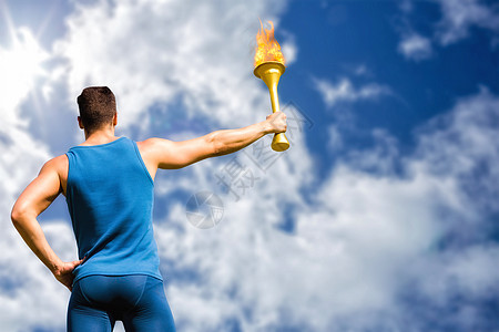 握着奥林匹克火炬的运动员的后视角综合图像肌肉金子绘图晴天天空阳光竞赛运动竞技计算机图片