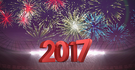 2017年与体育场烟火3D复合图像对比计算机聚光灯烟花插图红色数字人群背景新年杯子图片