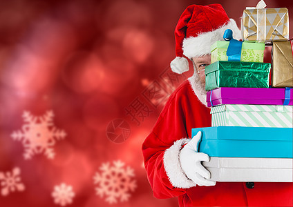 圣达菲斯拿着一堆圣诞礼物礼物盒子手套快乐展示喜悦文化幸福奇观图形图片