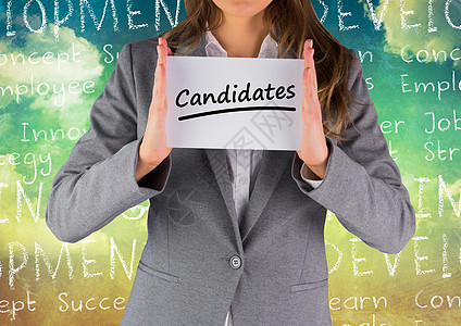 以天空背景为广告牌的女商业家学期工作竞争者人士天赋商业训练一个字求职者员工图片