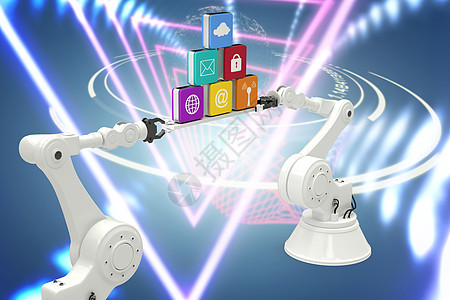白色机器人手在白色背景下手持计算机图标的合成图像三角形机件蓝色眼镜机器人未来派光迹螺旋科学技术背景