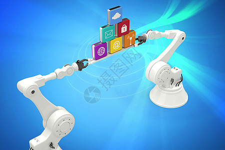机器人手在白色背景上手持多色计算机图标的合成图像手指团队眼镜平板隧道金属桌子纯色智力工程图片