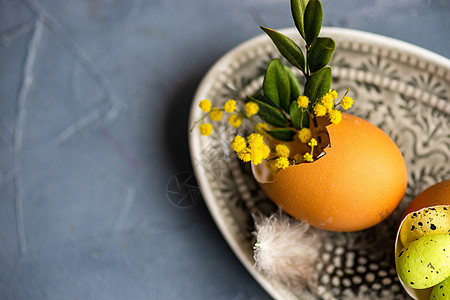 复活节表格设置植物群餐具乡村刀具绿色陶瓷蓝色黄色服务盘子图片