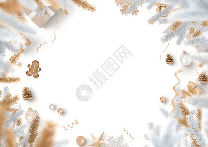 圣诞装饰边框和空白的白色背景传单纸屑丝带锥形礼物派对界面床单用户庆典图片