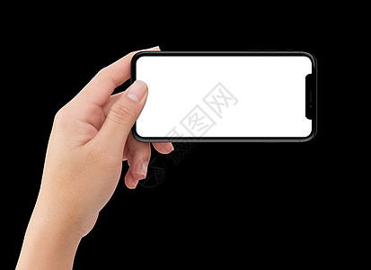 持有黑色移动电话的孤立左手人手地平线商业屏幕电话技术展示白色推介会小样演示图片