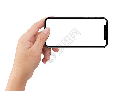持有黑色移动电话的孤立左手人手水平推介会手指屏幕电话空白地平线小样展示白色图片