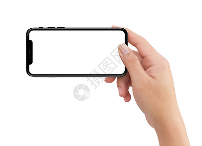 持有黑色横向移动电话的孤立的右手(b)图片