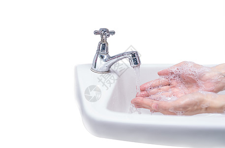 妇女用肥皂泡沫和自来水在浴室洗手感染微生物医生细菌龙头身体气泡医院女孩女士图片