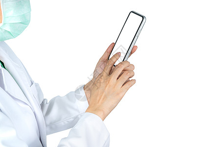 医生手机亚裔医生使用手机与护士或健康交流背景