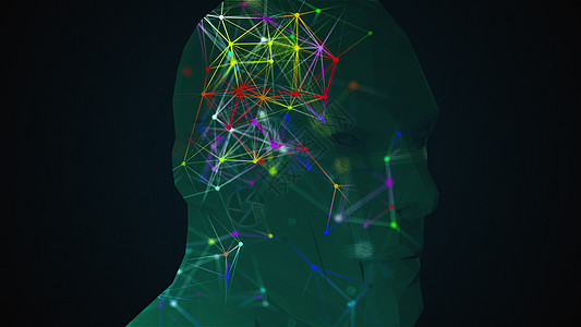 头部线条用头部形状上的点连接的多色细线覆盖网格背景 旋转半透明构图计算机生成3D 渲染等距背景电路多边形科学智力头脑男人网络知识作品草图背景