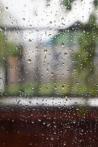 窗玻璃上的雨滴 雨中窗外模糊的背景湿度植物下雨天气淋浴窗格房子风景流动水滴图片