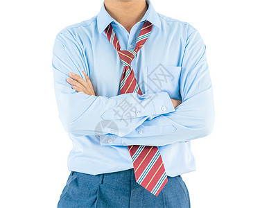 男人穿长袖衬衫 用剪刀夹着胳膊交叉办公室商业休闲手臂上班族领带工作衣领经理生意人图片