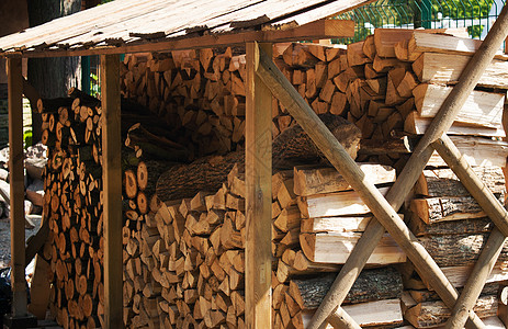 小木屋下的一堆木头环境建筑树干贮存纤维商业工厂工业森林季节图片