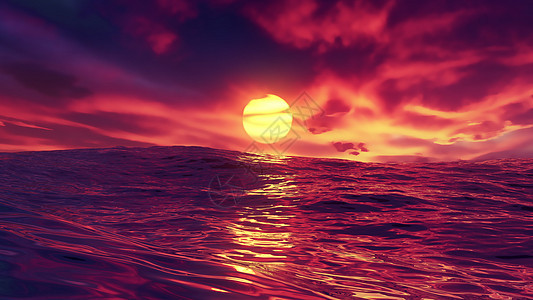 红色的美丽的红日落在海洋上 有红天空和惊人的海与波浪戏剧性金子天空辉光地平线海浪太阳橙子运动反射背景图片