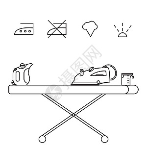 孤立的蒸汽熨斗图标和 beake压板烧杯木板卡通片主妇力量工作插图烙铁汽船图片