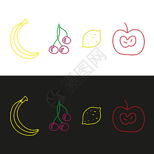 香蕉图标苹果 樱桃 柠檬和香蕉背景