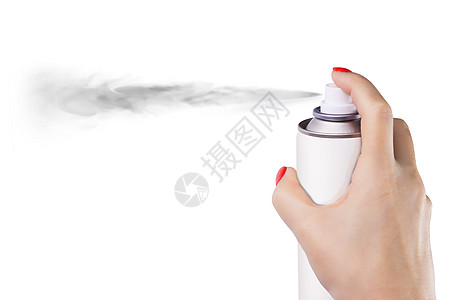 妇女用白色背景从罐头喷洒涂料艺术瓶子手指涂鸦空气女士灰色喷嘴空白喷雾器图片