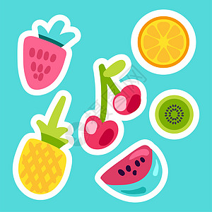 甜甜美味的夏季水果和贝果套装孩子橙子热带菠萝柠檬插图贴纸食物西瓜织物图片