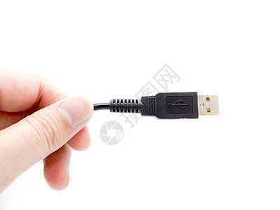手持 USB 电缆隔离在白色背景上连接器电池绳索硬件工作电话商业金属手臂插头图片