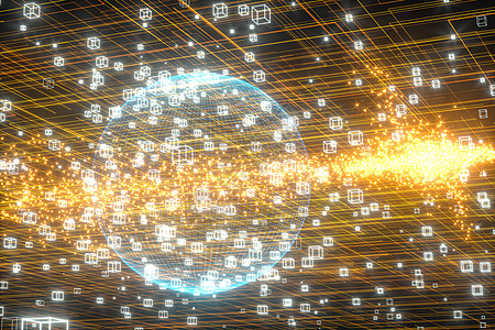 数据线和地球模型 发光线和立方体 3d 渲染圆圈经济全球星星网络数据技术全世界蓝色网格化图片