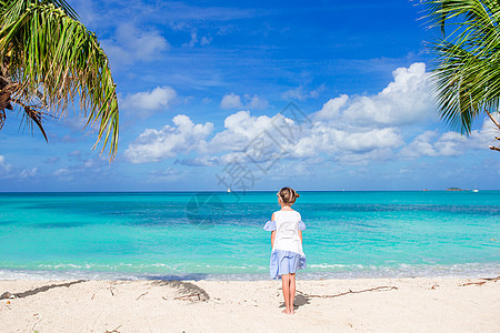 度假期间海滩上可爱的小女孩在caribbean度假情调情感闲暇游客旅游海岸沿海海岸线旅行快乐图片