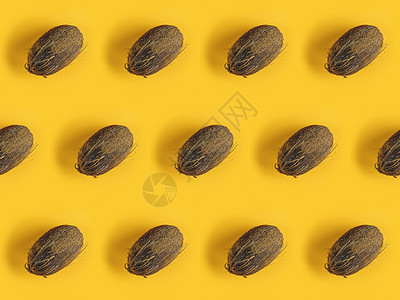 在黄色背景上有成熟椰子的图案 顶视图 警察艺术杂货店热带食物棕榈坚果营养海报异国潮人图片