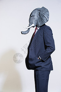 浅色背景上戴着大象面具的男人工作西装虚幻男性商务多样性夹克商业外套阴影图片