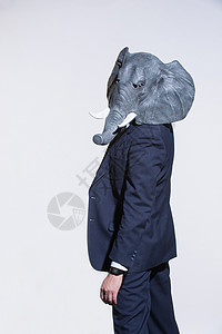 浅色背景上戴着大象面具的男人人士工作多样性商务虚幻白色外套商业动物衣冠图片