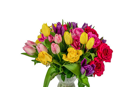 玫瑰花和郁香花礼物花束黄色郁金香美丽庆典玫瑰红色粉色花瓣图片