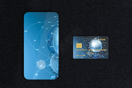 银行卡和具有指纹识别特征的移动电话 3D真伪渲染银行信用安全订金信用卡蓝色金融银行业地球图片