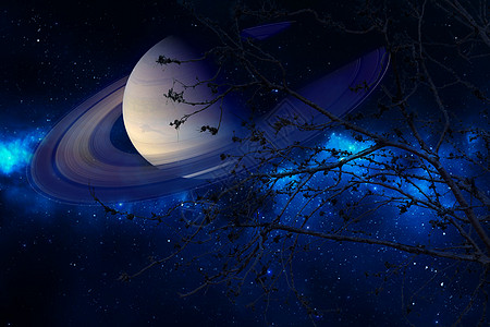 夜空上接近土土的土星背影树图片