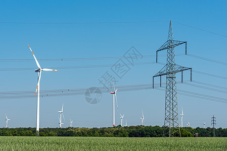 高管电线和风力涡轮机技术风车发电厂接线转换器能源农场引擎过渡高架图片