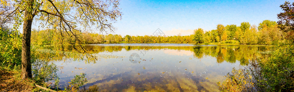 加拿大秋季风景的数字水彩色绘画 Panorama图片