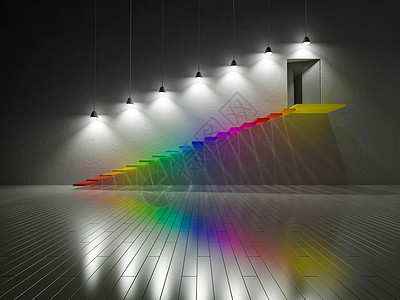 3d 由玻璃建造的彩色楼梯背景红色艺术彩虹房间蓝色绿色墙纸木材光谱图片